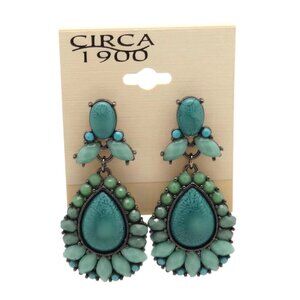 Circa 1900 Jewelry Turquoise Teardrop Crystal Silver Dangle Post Earrings NEW